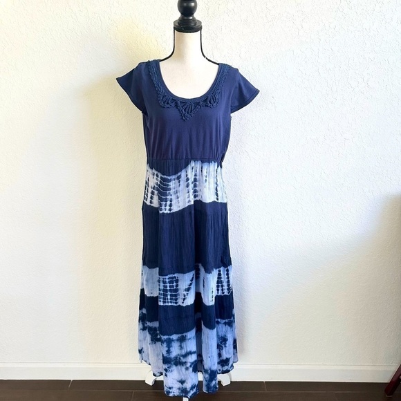 CW CLASSICS Blue Tie Dye Maxi 100% Cotton Dress Cap Sleeve Small Crochet Neck - Picture 1 of 5
